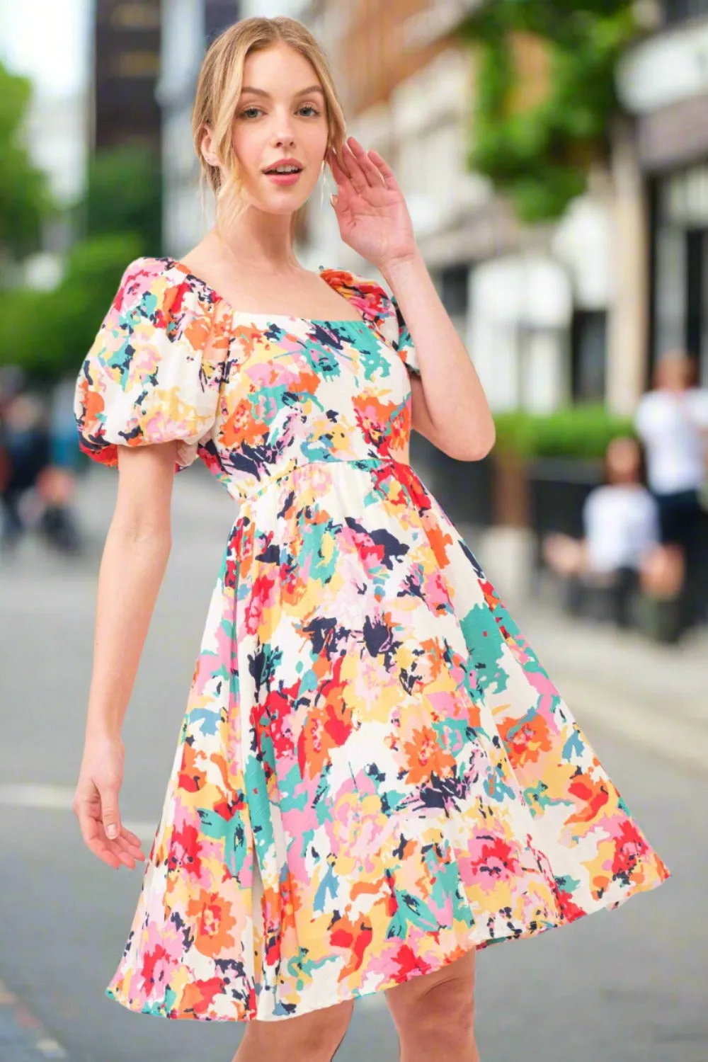 Short Puff Sleeve Floral Dress