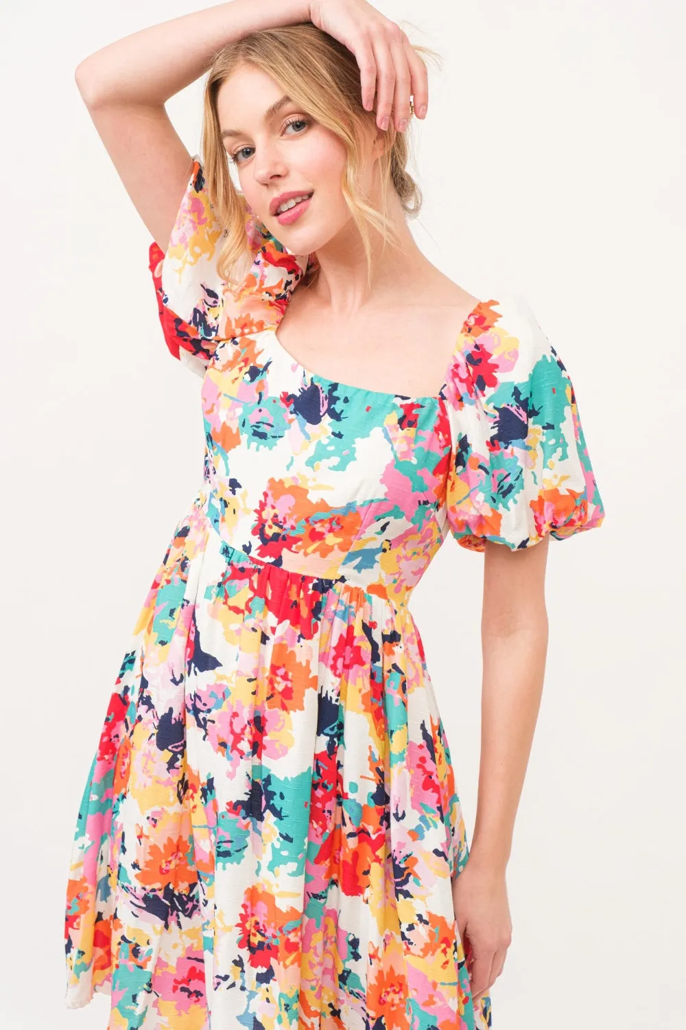 Short Puff Sleeve Floral Dress