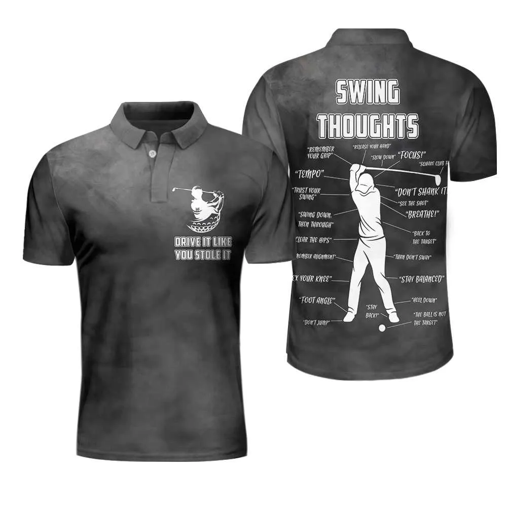 Swing Thoughts Short Sleeve Golf Polo Shirt, Black And Smoke Golfing Shirt, Funny Golf Shirt For Men Coolspod