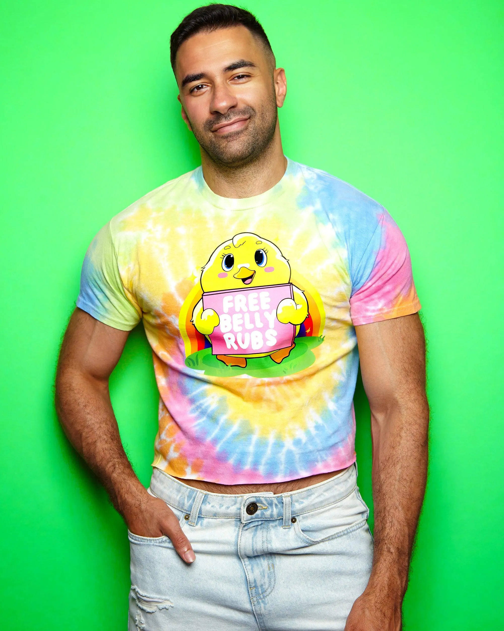 The cheeky duck says "Free belly rubs" on tie-dye -  cropped tee /crop top