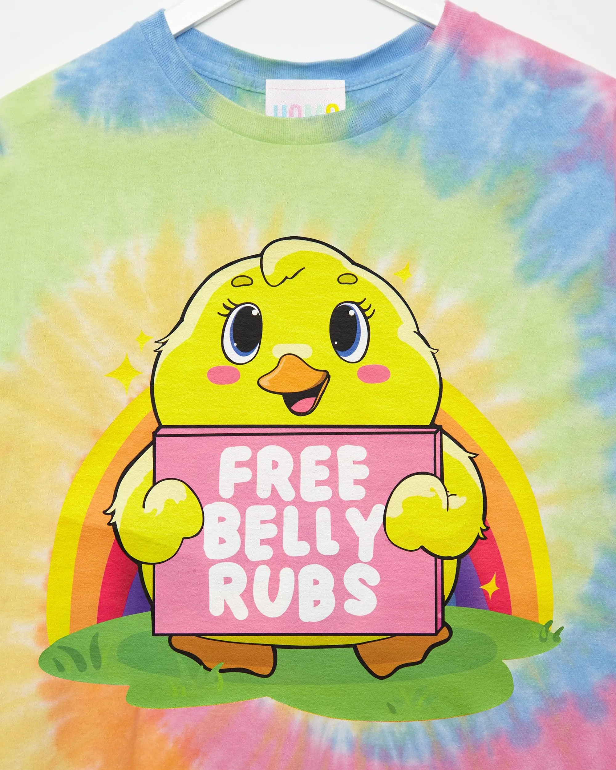 The cheeky duck says "Free belly rubs" on tie-dye -  cropped tee /crop top