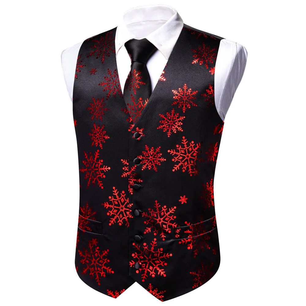 Ties2you Mens Silk Waistcoat Black Red Snow Christmas Vest Necktie Set