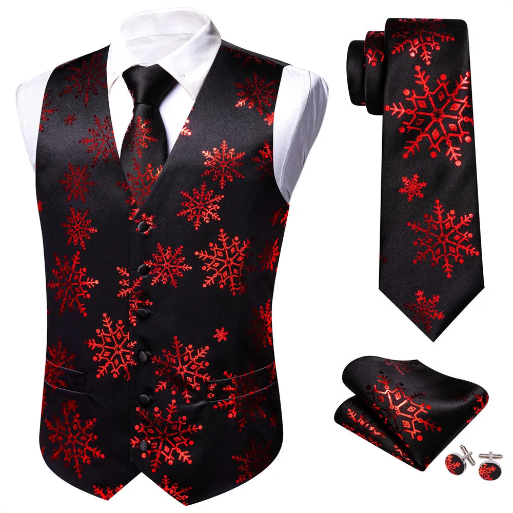 Ties2you Mens Silk Waistcoat Black Red Snow Christmas Vest Necktie Set