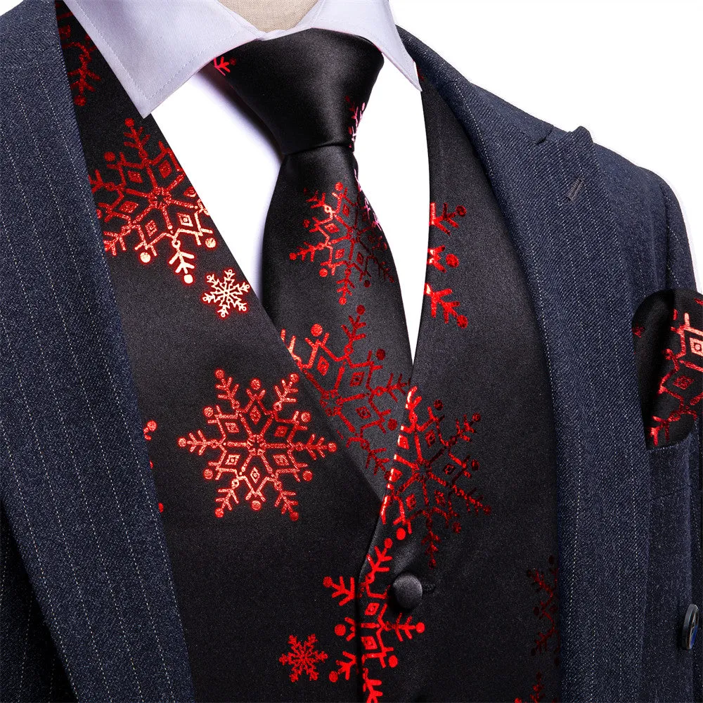 Ties2you Mens Silk Waistcoat Black Red Snow Christmas Vest Necktie Set