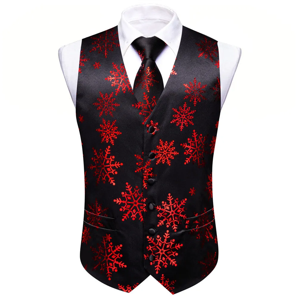 Ties2you Mens Silk Waistcoat Black Red Snow Christmas Vest Necktie Set