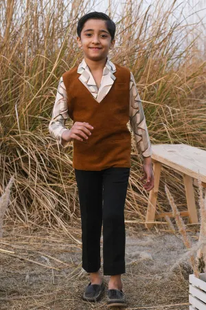 Trammel Tan- Silk Blazer Shirt with Cotton Corduroy Vest For Boys