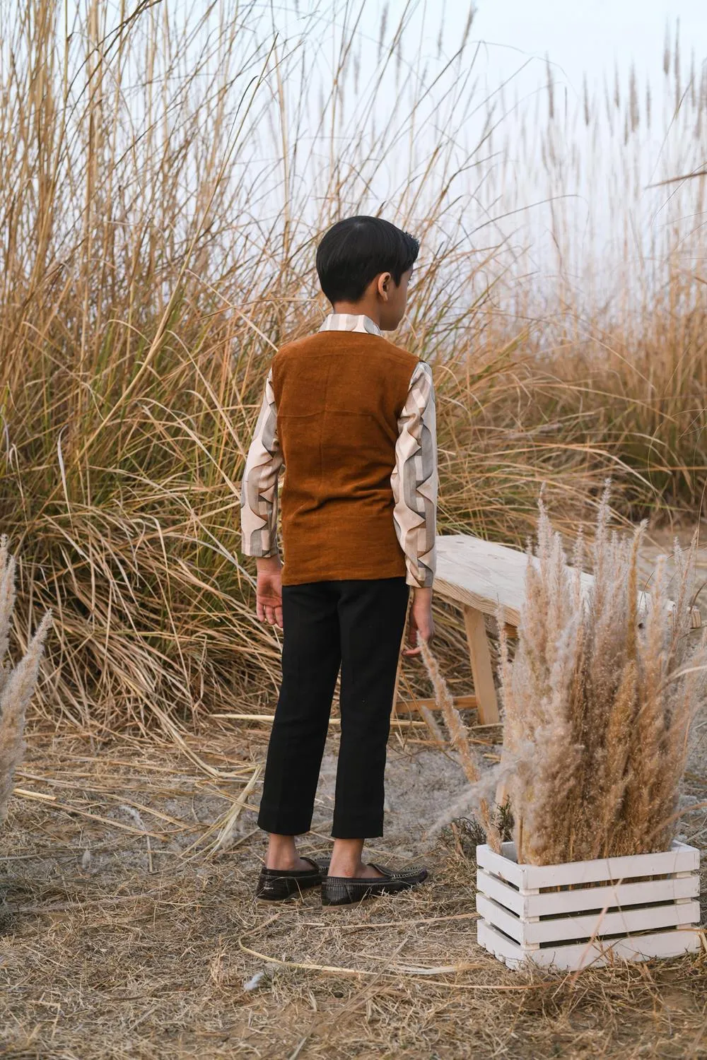 Trammel Tan- Silk Blazer Shirt with Cotton Corduroy Vest For Boys