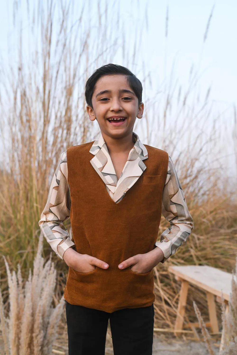 Trammel Tan- Silk Blazer Shirt with Cotton Corduroy Vest For Boys