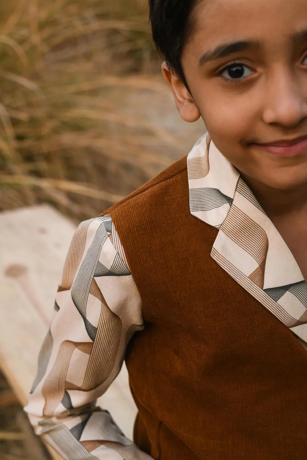 Trammel Tan- Silk Blazer Shirt with Cotton Corduroy Vest For Boys