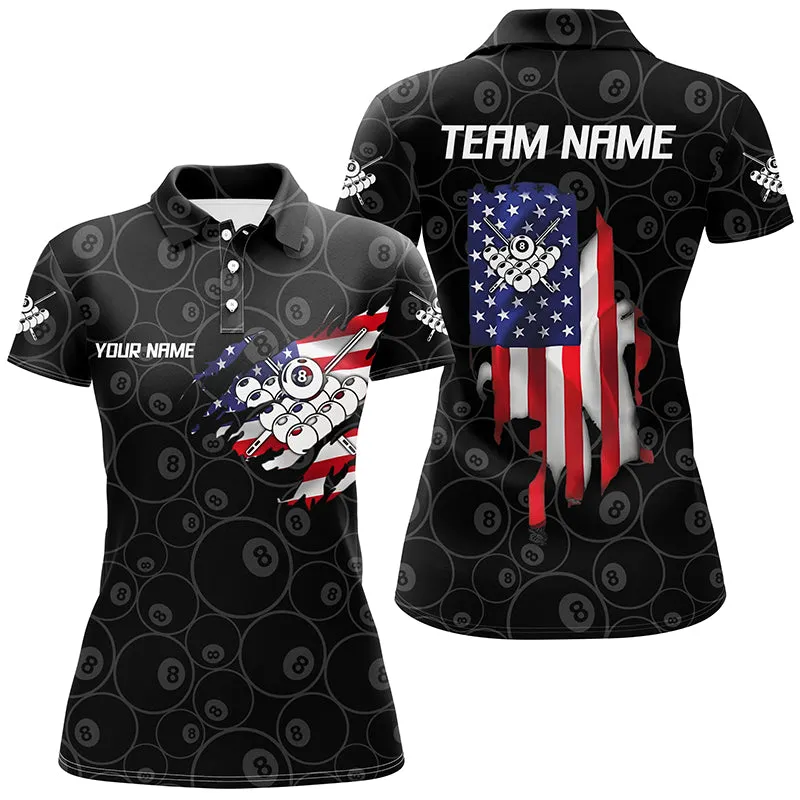 US Flag 8 Ball Pool Custom Billiard Polo Shirts For Women, Personalized Pool Billiards Polo