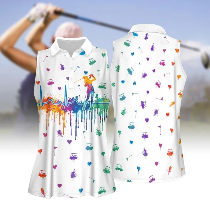 Watercolor Golf Heart Beat V2 Women Short Sleeve Polo Shirt, Sleeveless Polo Shirt