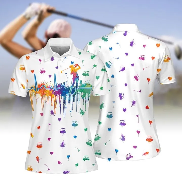 Watercolor Golf Heart Beat V2 Women Short Sleeve Polo Shirt, Sleeveless Polo Shirt