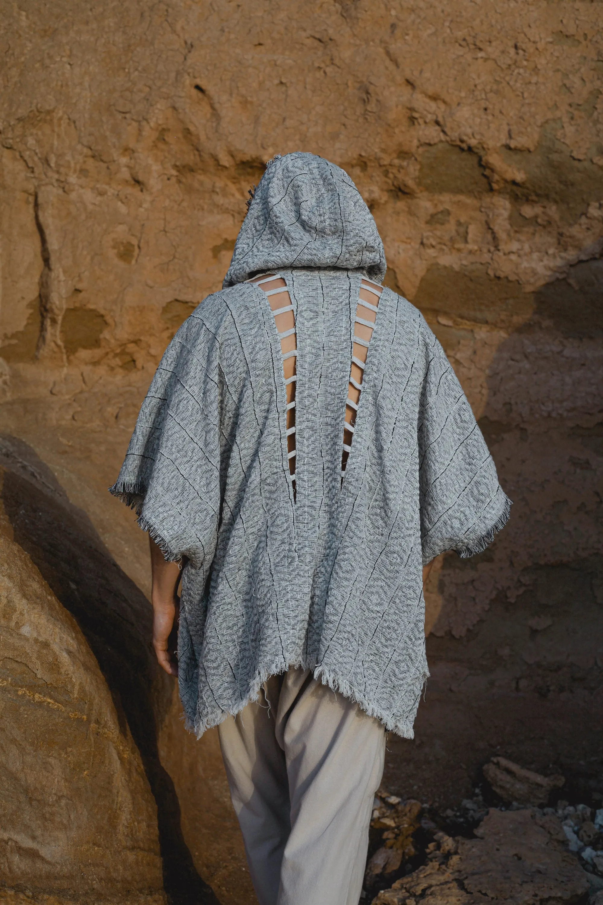 WIZARD Mens Hooded Kimono Vest Rugged Grey Tribal Ritual Ceremony Gypsy Festival Magic Ritual Alchemy Primitive Rave Boho Earthy AJJAYA