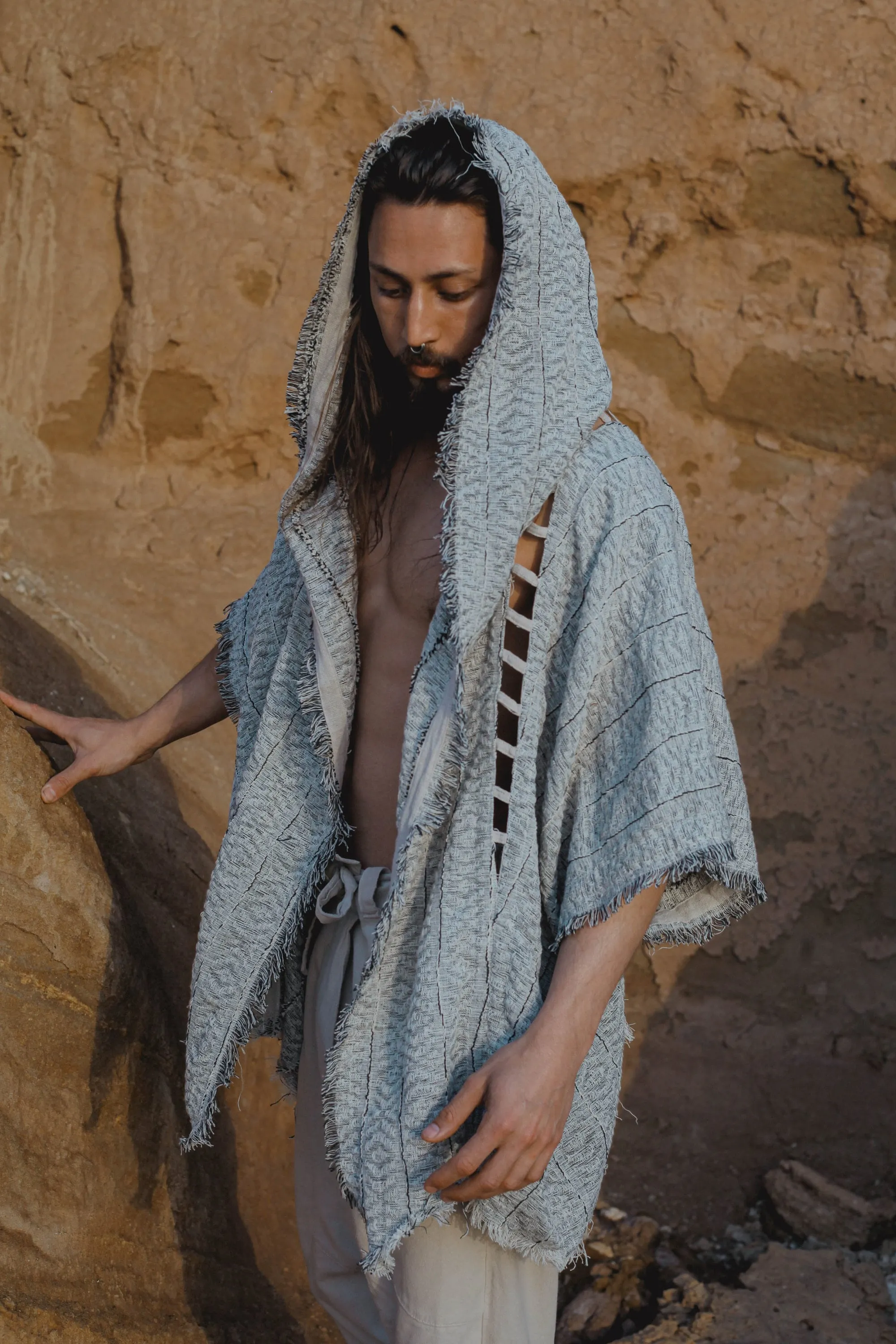 WIZARD Mens Hooded Kimono Vest Rugged Grey Tribal Ritual Ceremony Gypsy Festival Magic Ritual Alchemy Primitive Rave Boho Earthy AJJAYA