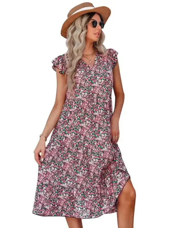 Women’s V-neck flying sleeve floral dress long skirt