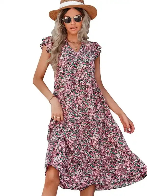 Women’s V-neck flying sleeve floral dress long skirt