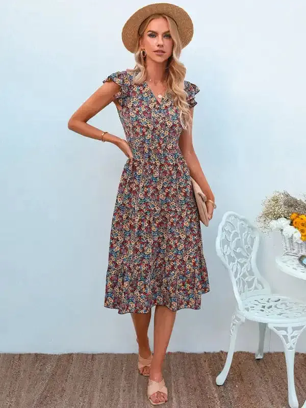 Women’s V-neck flying sleeve floral dress long skirt