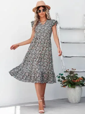 Women’s V-neck flying sleeve floral dress long skirt