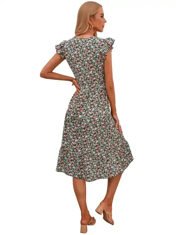 Women’s V-neck flying sleeve floral dress long skirt