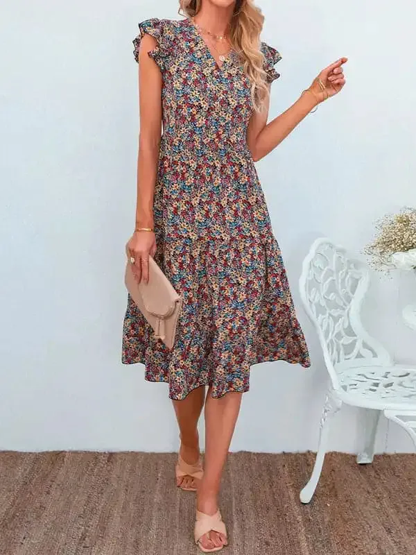 Women’s V-neck flying sleeve floral dress long skirt