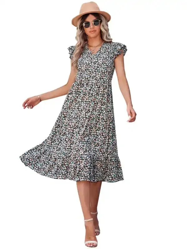 Women’s V-neck flying sleeve floral dress long skirt