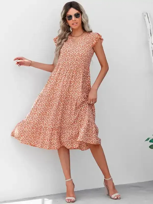 Women’s V-neck flying sleeve floral dress long skirt