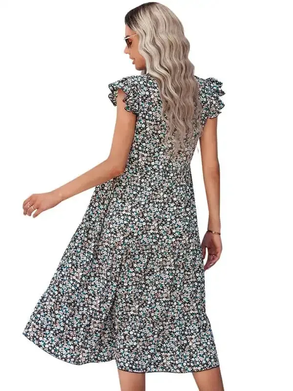 Women’s V-neck flying sleeve floral dress long skirt