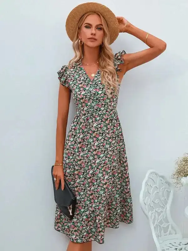 Women’s V-neck flying sleeve floral dress long skirt