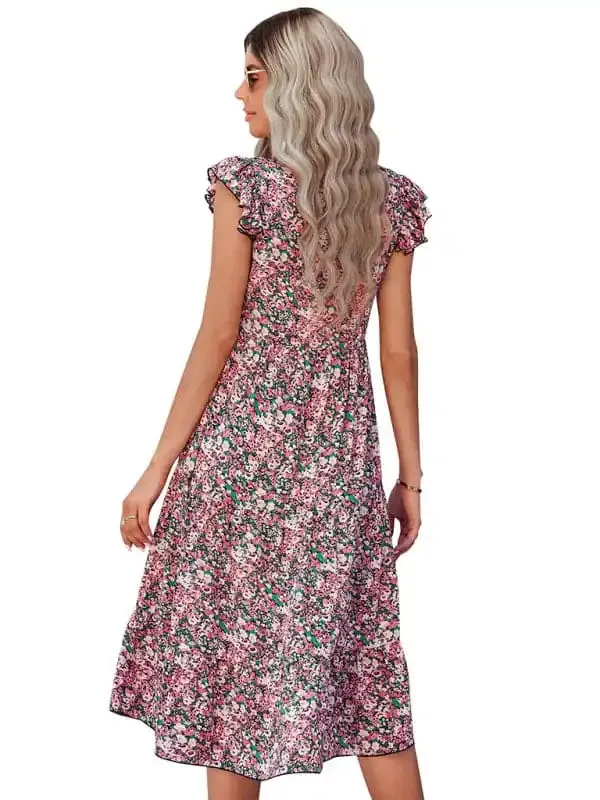 Women’s V-neck flying sleeve floral dress long skirt