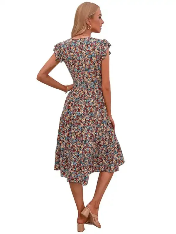 Women’s V-neck flying sleeve floral dress long skirt