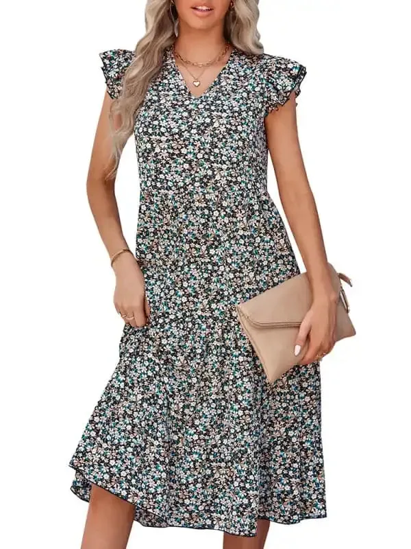 Women’s V-neck flying sleeve floral dress long skirt