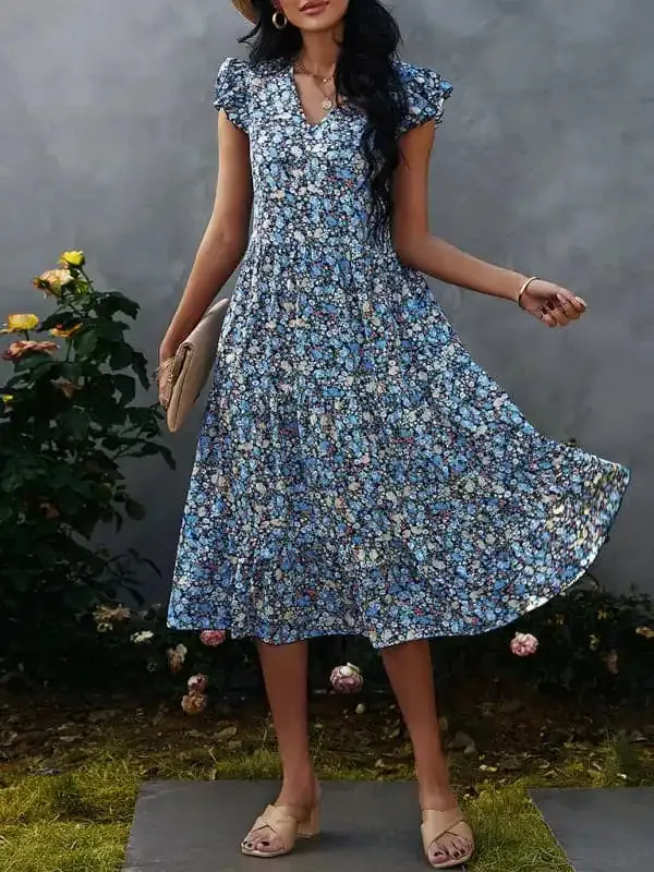 Women’s V-neck flying sleeve floral dress long skirt