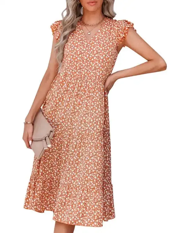 Women’s V-neck flying sleeve floral dress long skirt