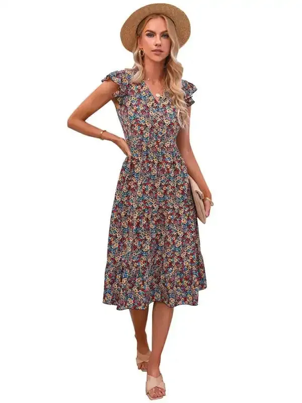 Women’s V-neck flying sleeve floral dress long skirt