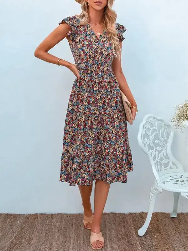 Women’s V-neck flying sleeve floral dress long skirt