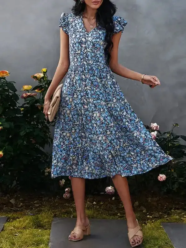 Women’s V-neck flying sleeve floral dress long skirt