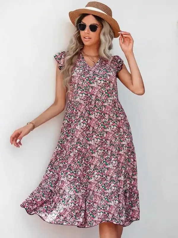 Women’s V-neck flying sleeve floral dress long skirt