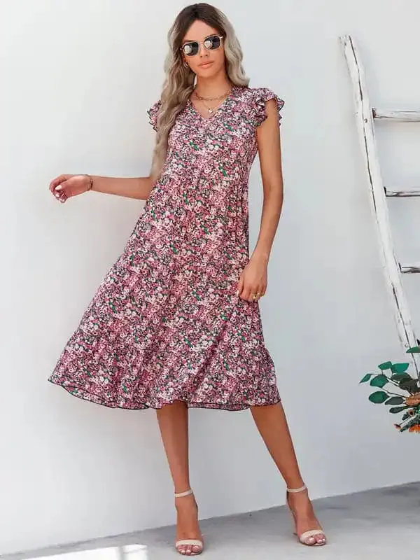 Women’s V-neck flying sleeve floral dress long skirt