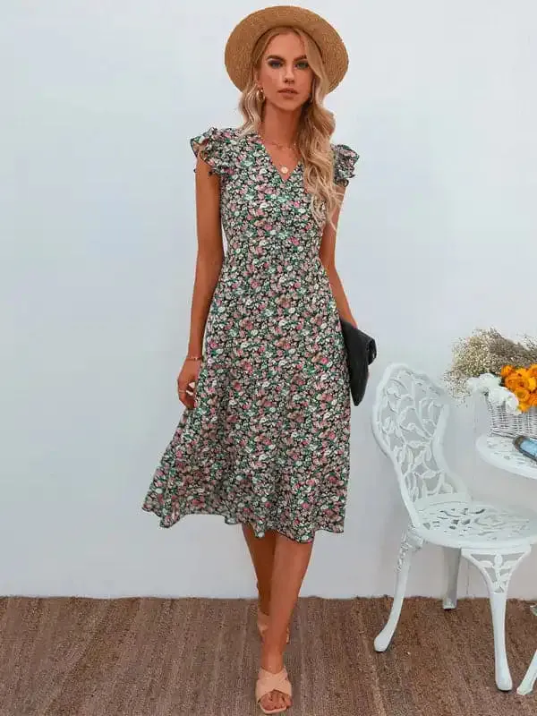 Women’s V-neck flying sleeve floral dress long skirt