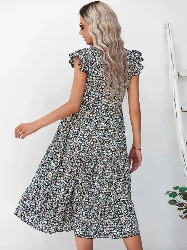 Women’s V-neck flying sleeve floral dress long skirt