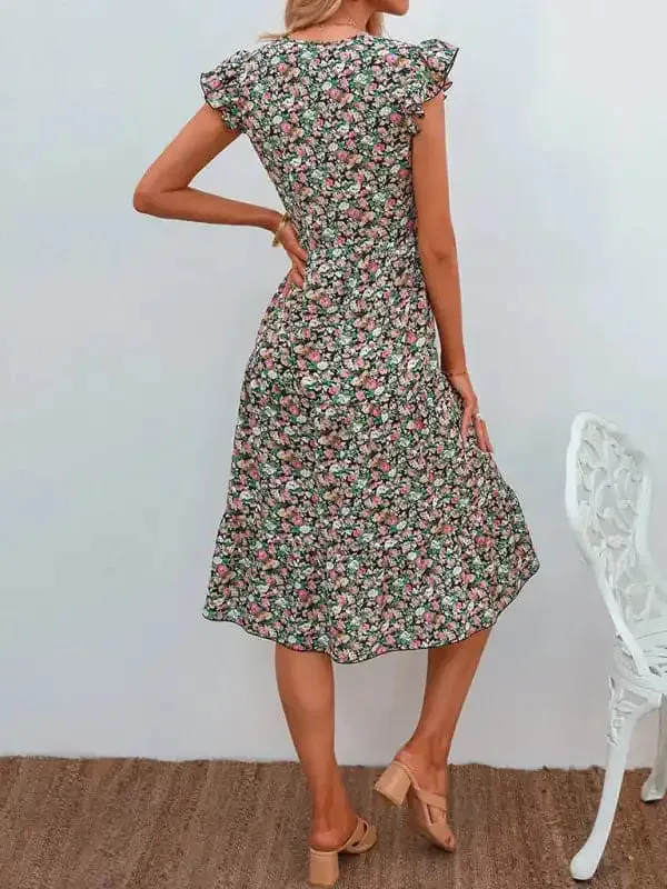 Women’s V-neck flying sleeve floral dress long skirt