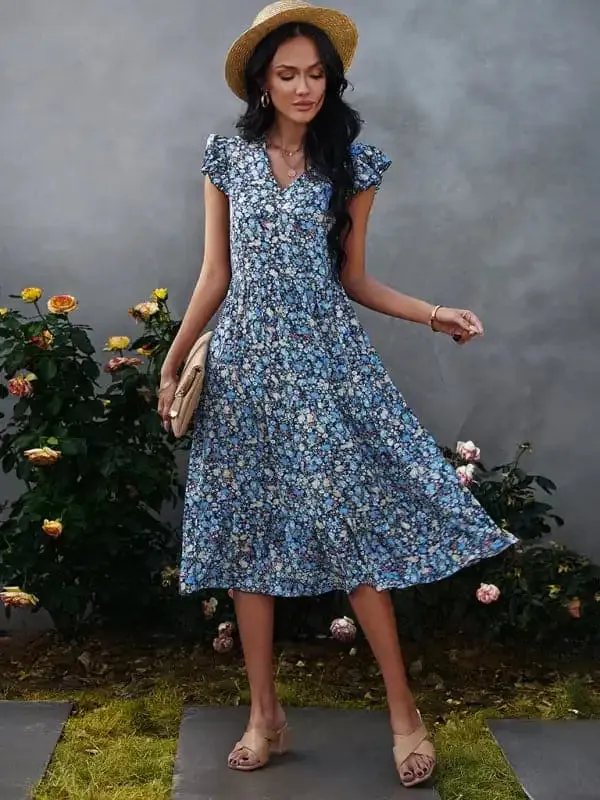 Women’s V-neck flying sleeve floral dress long skirt