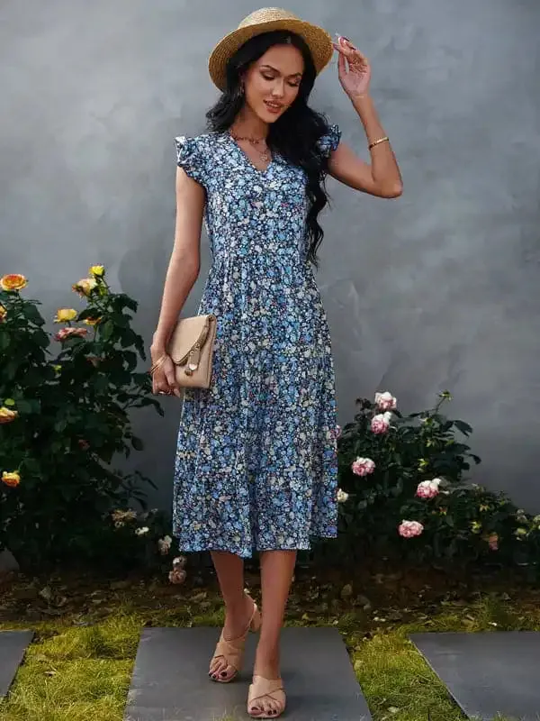 Women’s V-neck flying sleeve floral dress long skirt