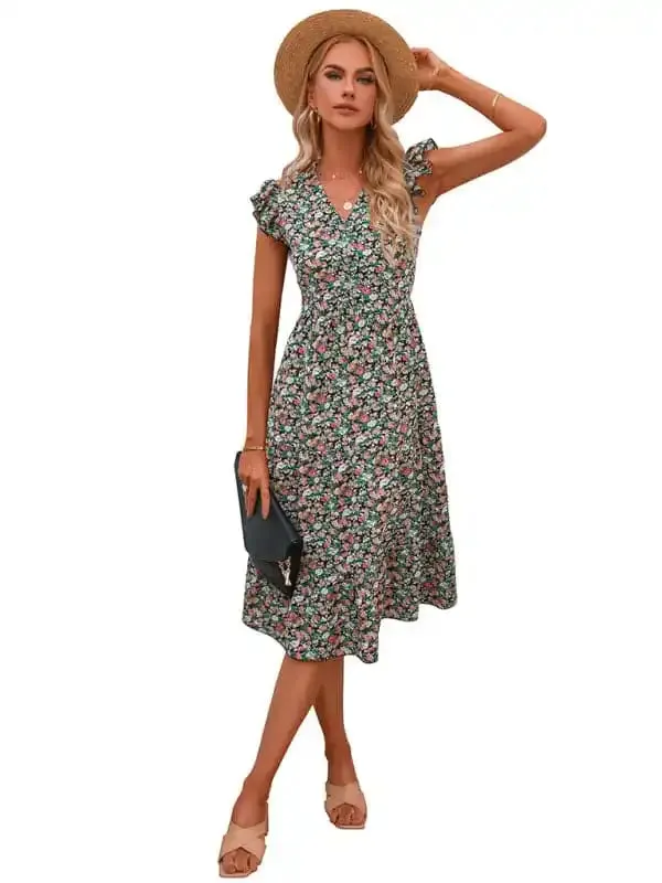 Women’s V-neck flying sleeve floral dress long skirt