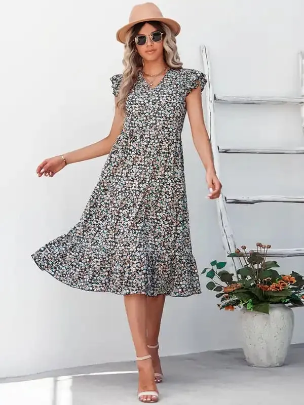 Women’s V-neck flying sleeve floral dress long skirt